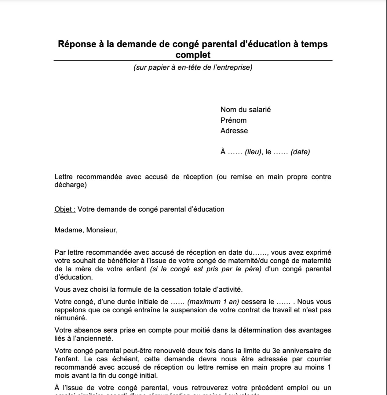 Modele Gratuit Reponse Demande Conge Parental Education