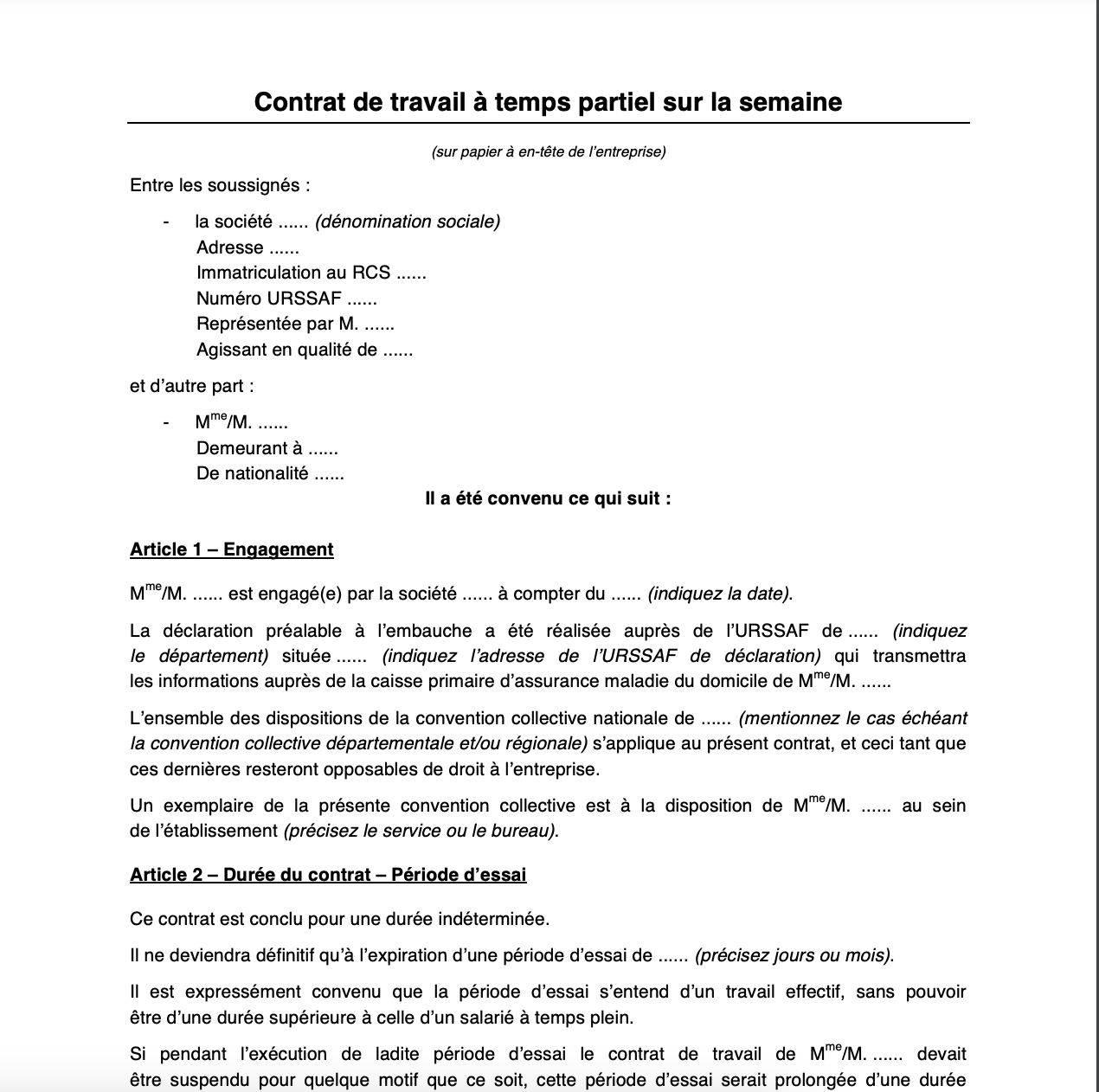 Contrat à temps partiel